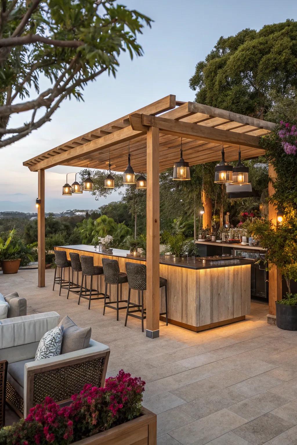 A classic wooden pergola adds a touch of timeless elegance to your outdoor bar.