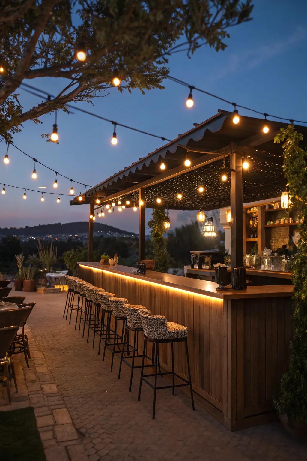 String lights add a magical touch to any outdoor bar.