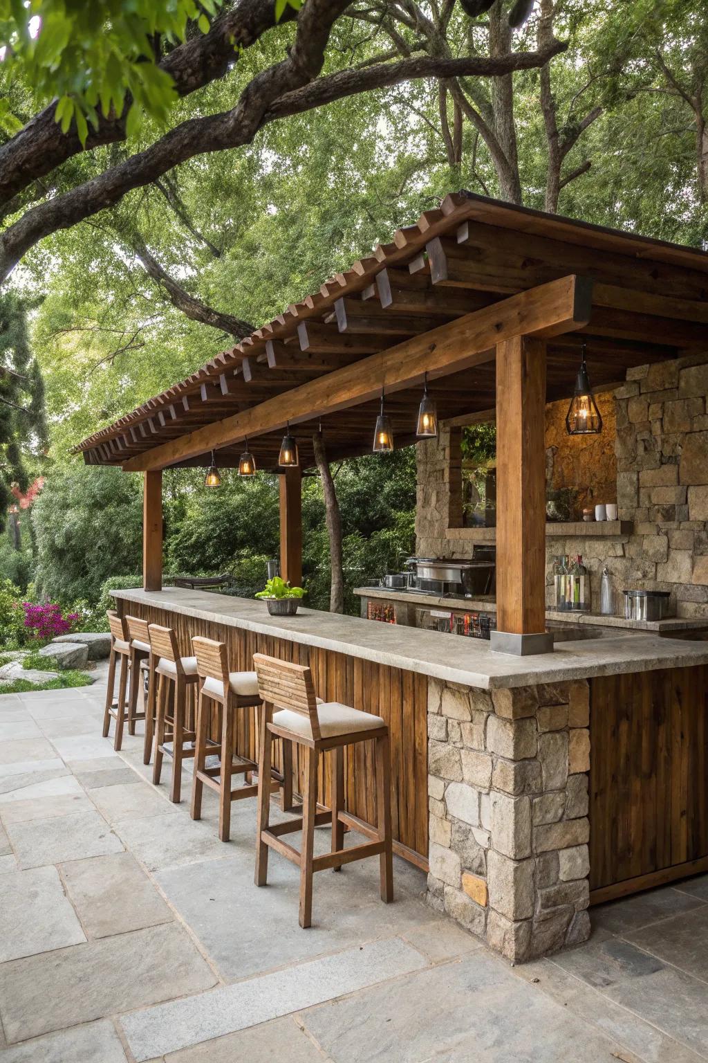 A rustic wood and stone bar blends seamlessly into nature.