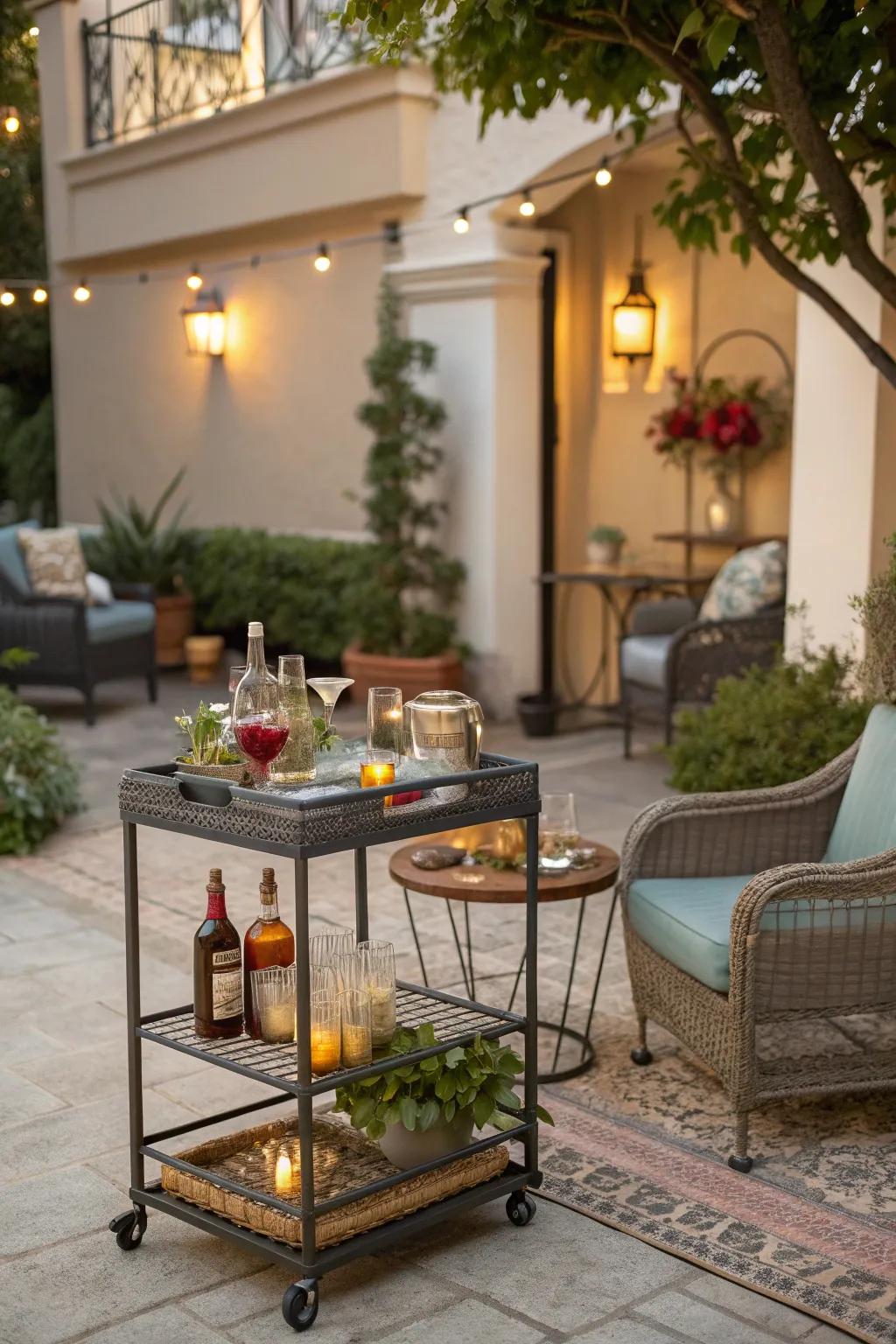 A stylish bar cart is a versatile and space-saving solution.