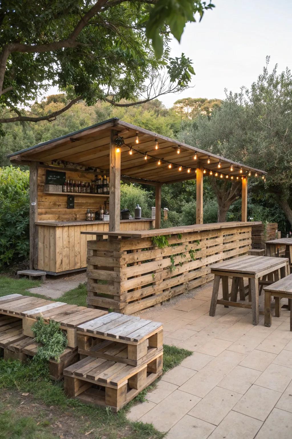 A rustic bar made from wooden pallets offers a budget-friendly and stylish solution.