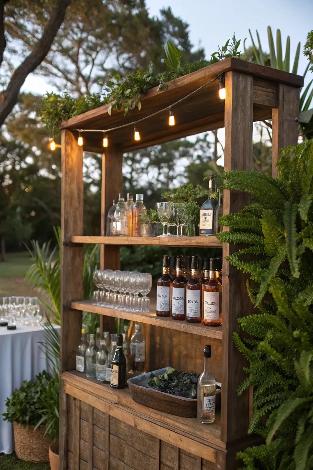 Rustic wooden shelves create a warm and inviting outdoor atmosphere.