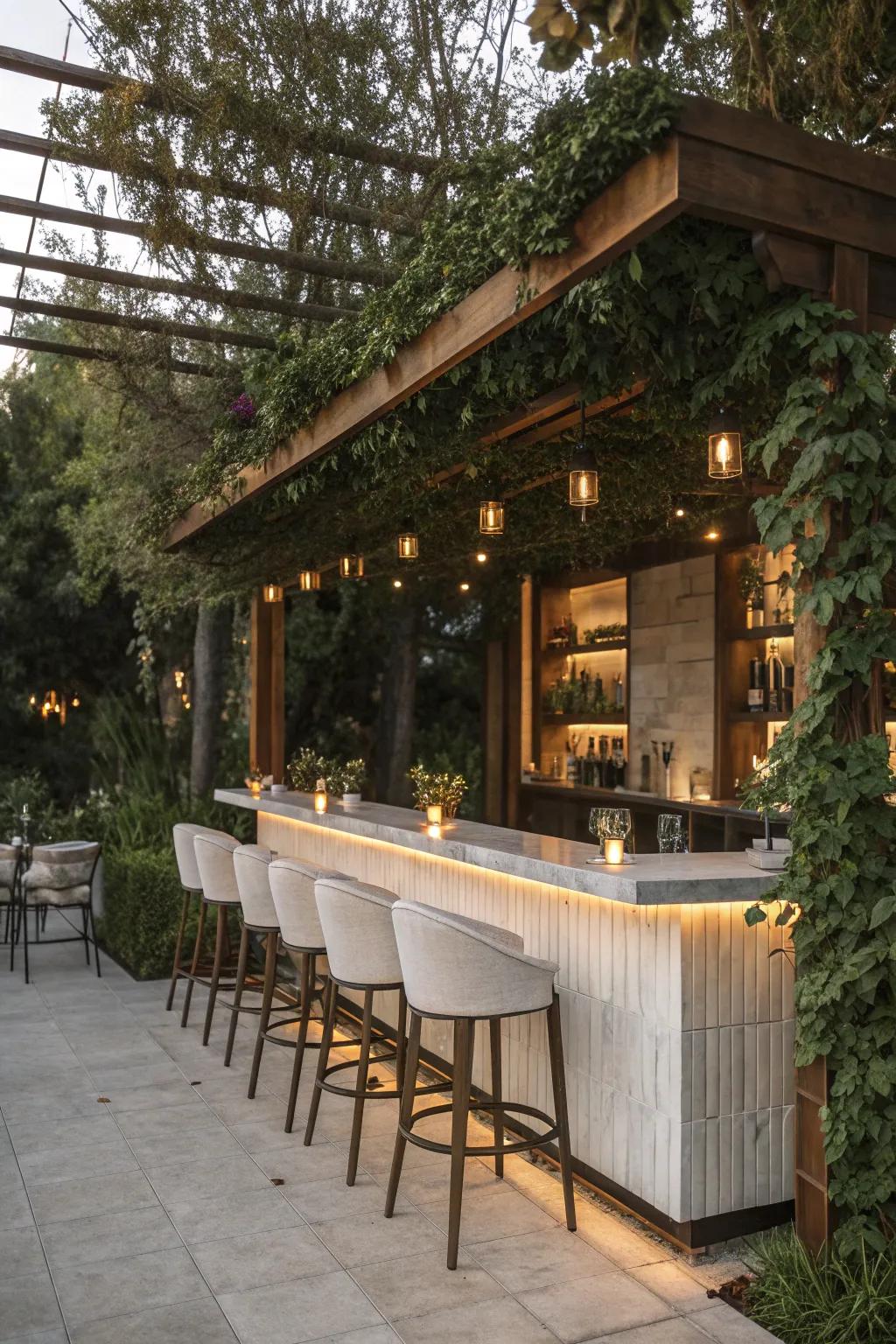 A pergola bar combines style and functionality, perfect for enjoying sunny afternoons.