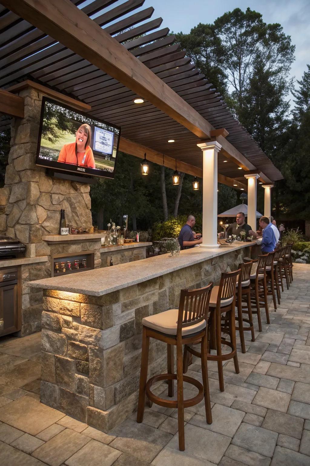 A classic outdoor bar with a TV that's perfect for any gathering.