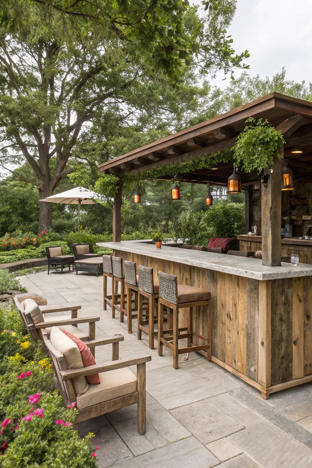 A warm and inviting rustic wooden bartop in a garden setting.