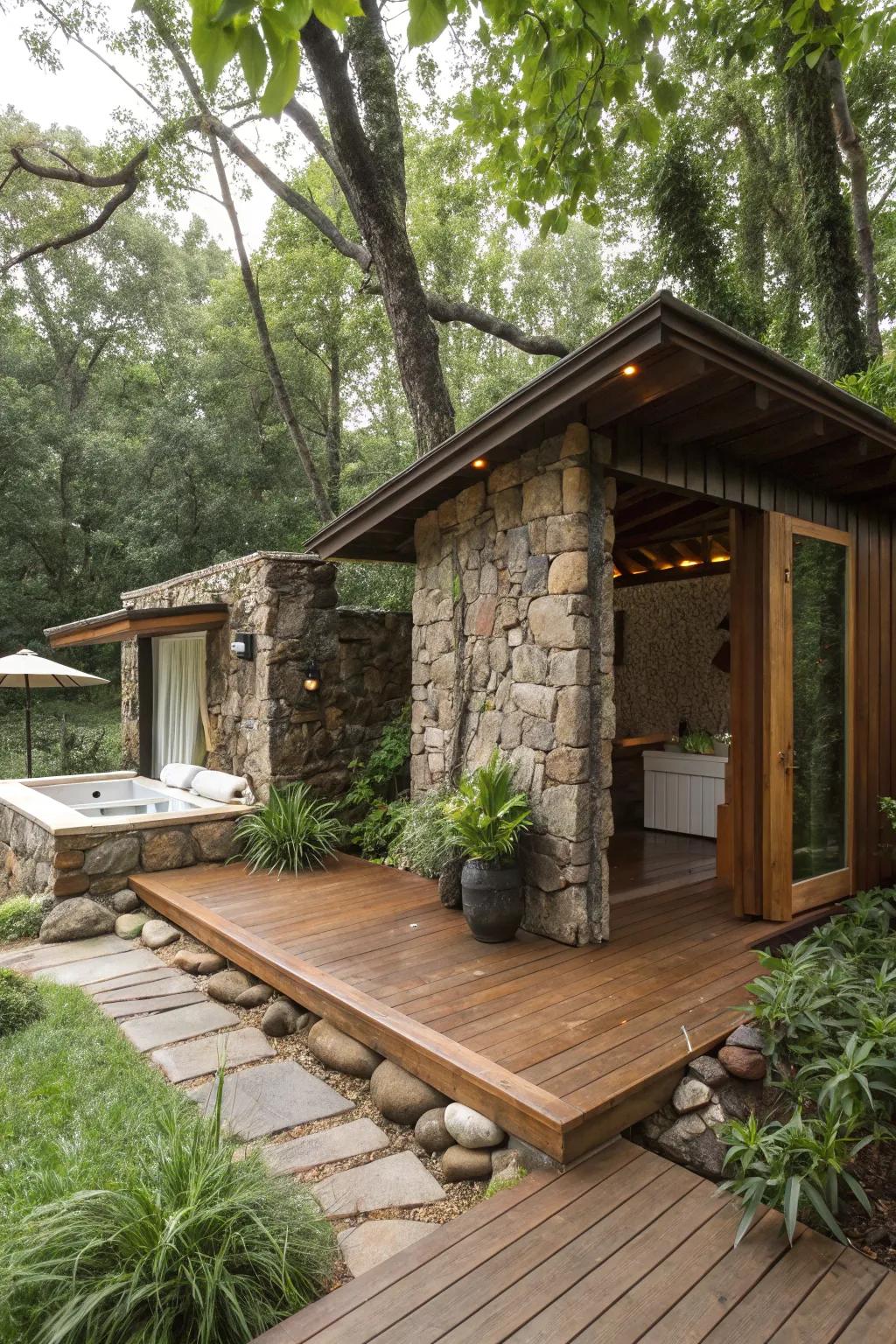 A natural material bathhouse blending seamlessly with nature.