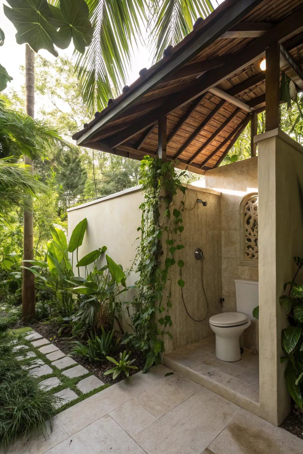 Open-air bathroom concept with a touch of tropical charm.