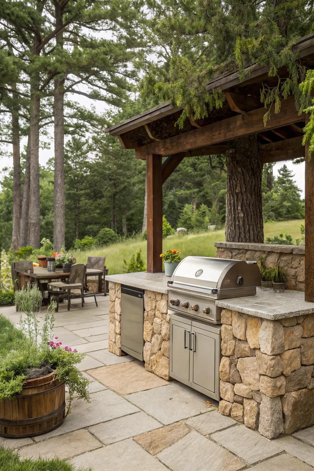 Embrace the rustic charm with a stone BBQ station.