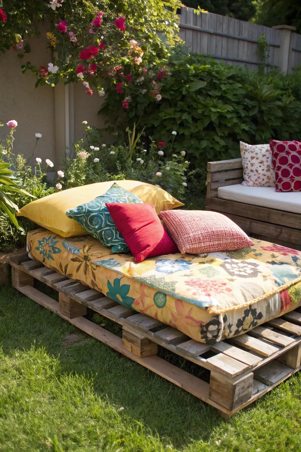 A pallet bed offers rustic charm and comfort.