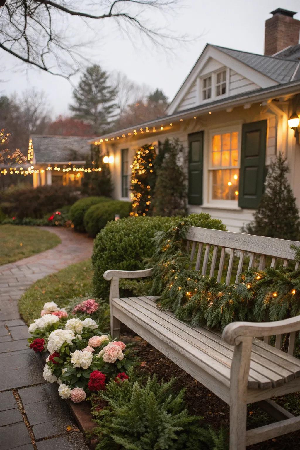 Evergreen garlands add a touch of nature's beauty to your bench.