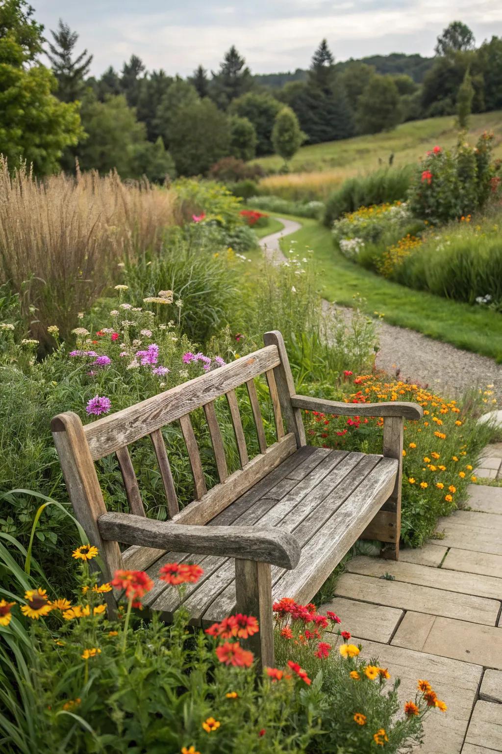 A rustic wooden bench adds timeless charm to any outdoor setting.