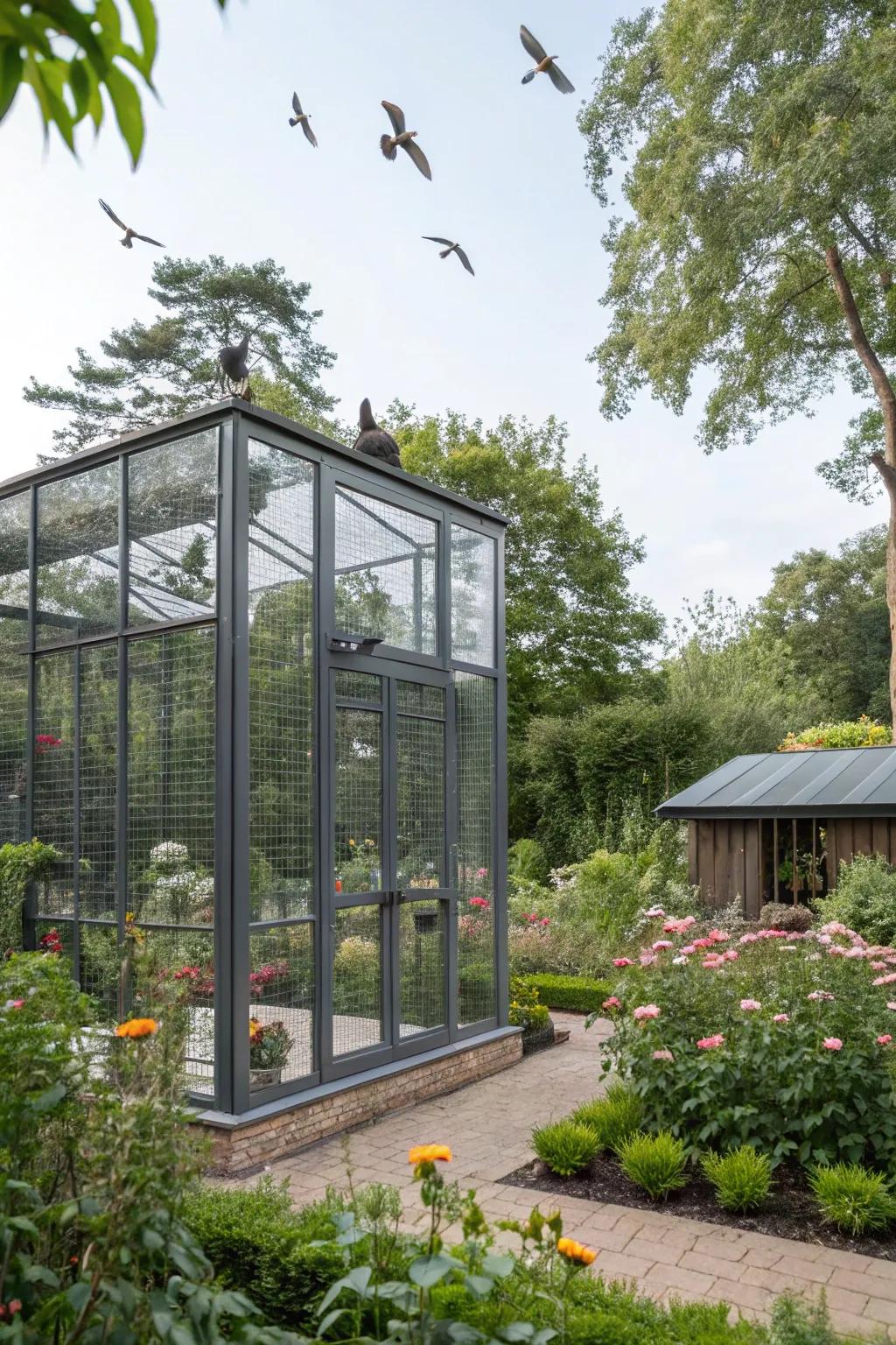 Create a spacious walk-in aviary for a luxurious bird experience.