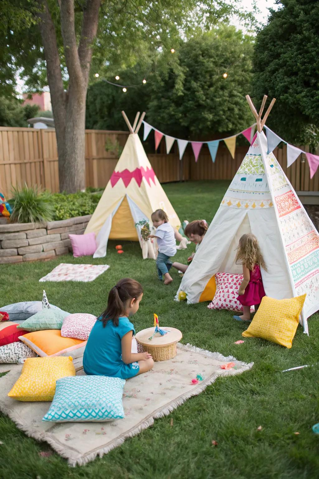 A cozy setup with colorful teepees perfect for young adventurers at a birthday party.