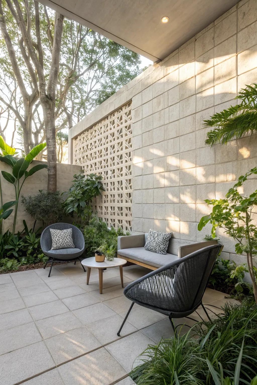 A patio with a breeze block wall offering a play of light and shadows
