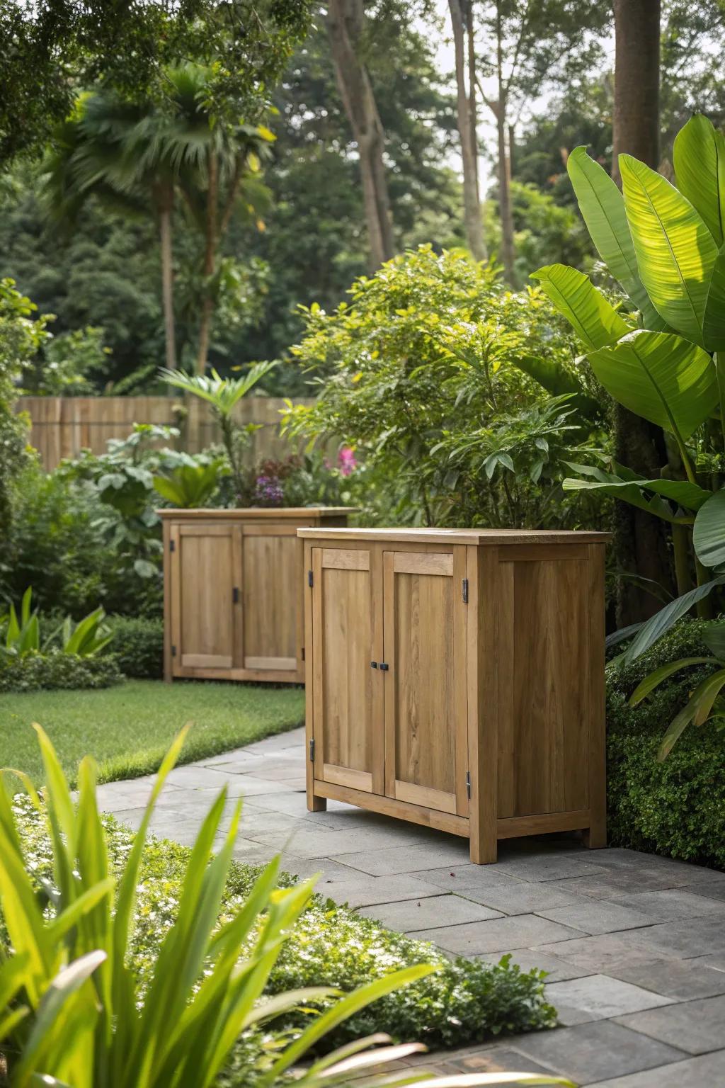 Embrace the warmth of nature with rustic teak cabinets that offer both beauty and resilience.