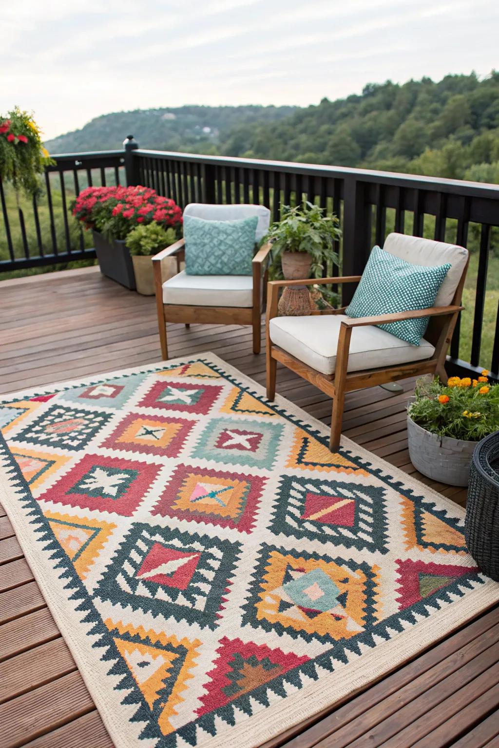 A bold geometric rug adds personality and flair to any deck.