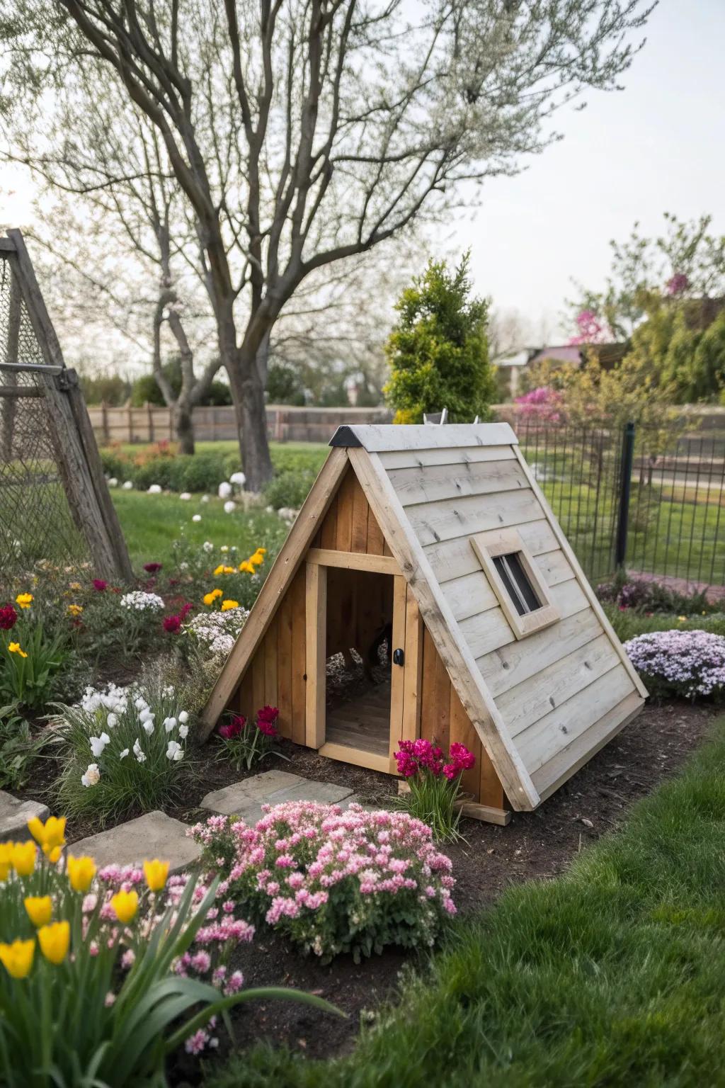 A-frame cat hideaway blends beautifully into garden corners.