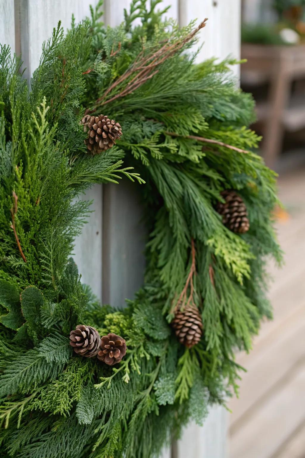 Classic evergreen wreath with natural pinecones for a timeless look.