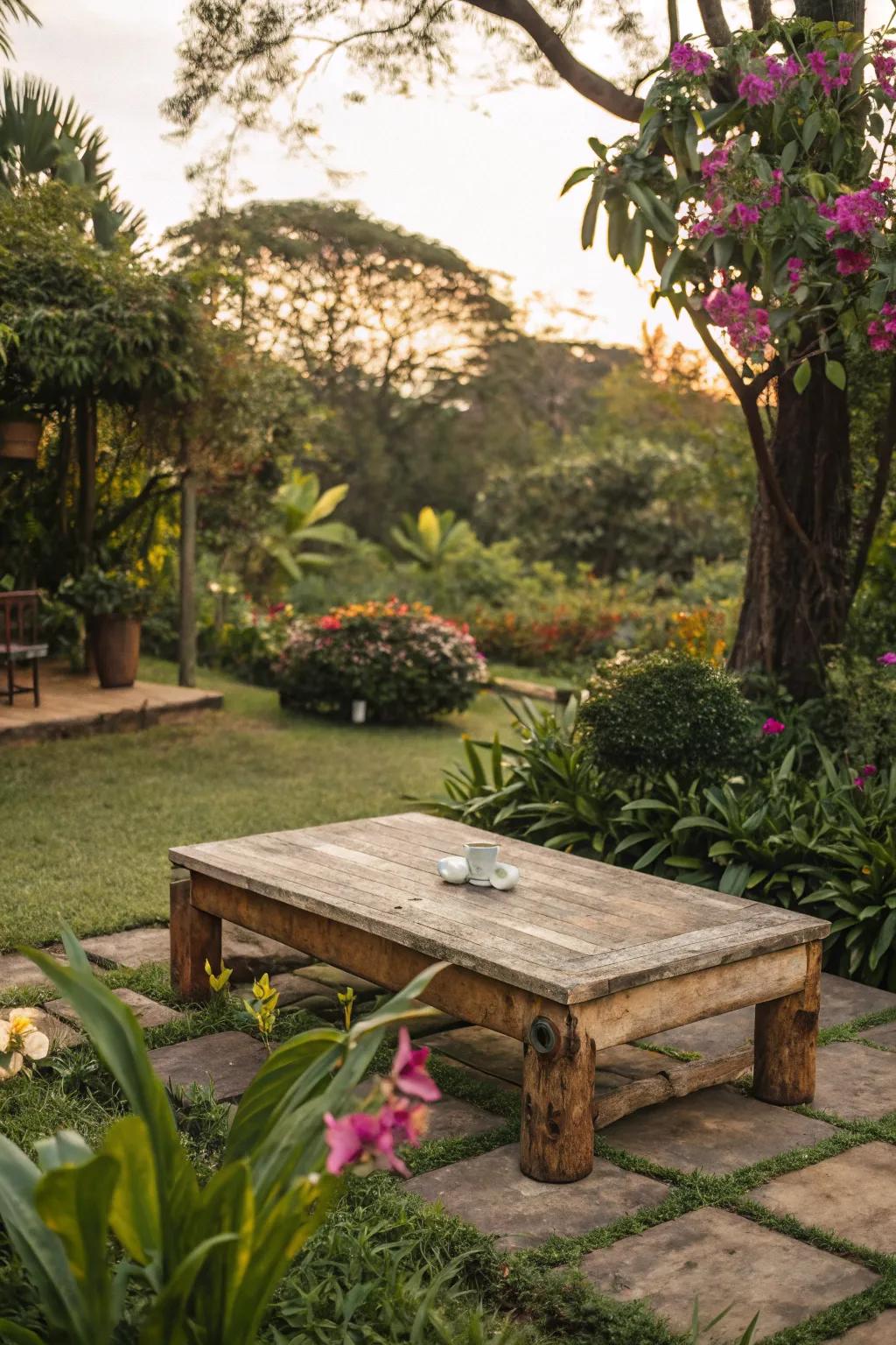 Natural charm: A raw wood table harmonizes with its garden backdrop.