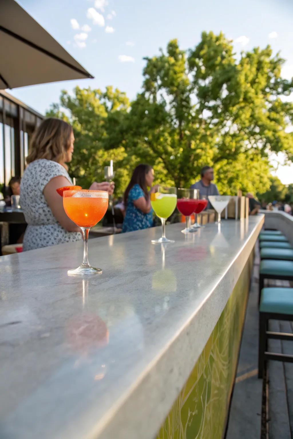 A sleek concrete countertop ready for entertaining with colorful drinks.