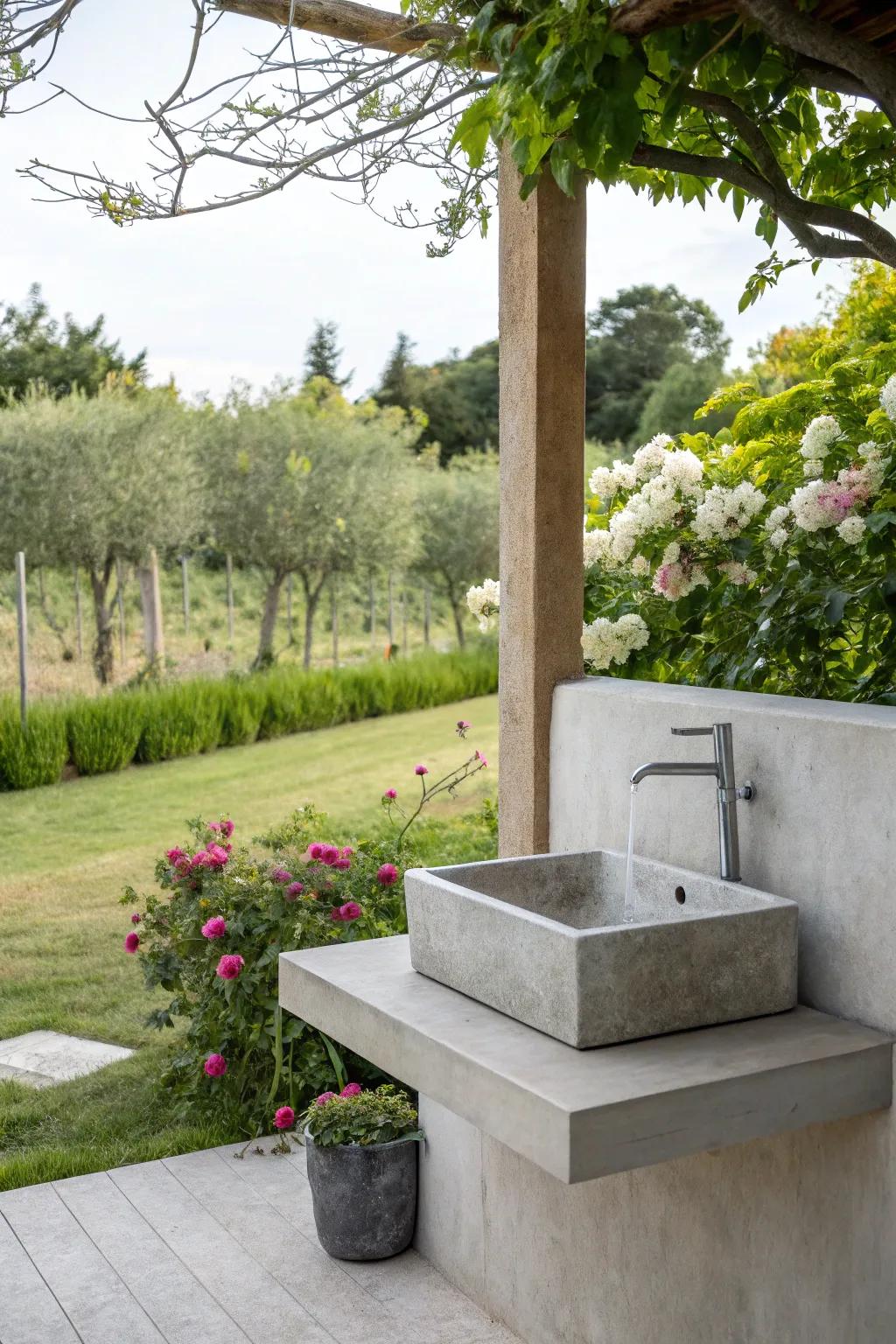 Minimalist concrete sink blending with nature
