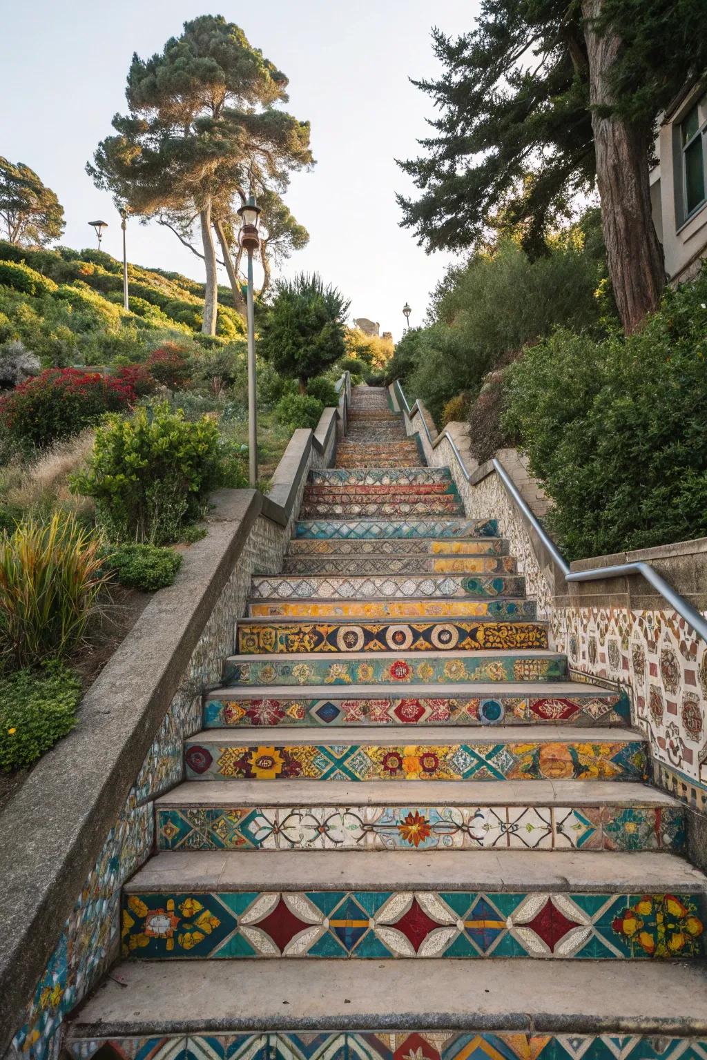 Concrete stairs bursting with vibrant geometric patterns.