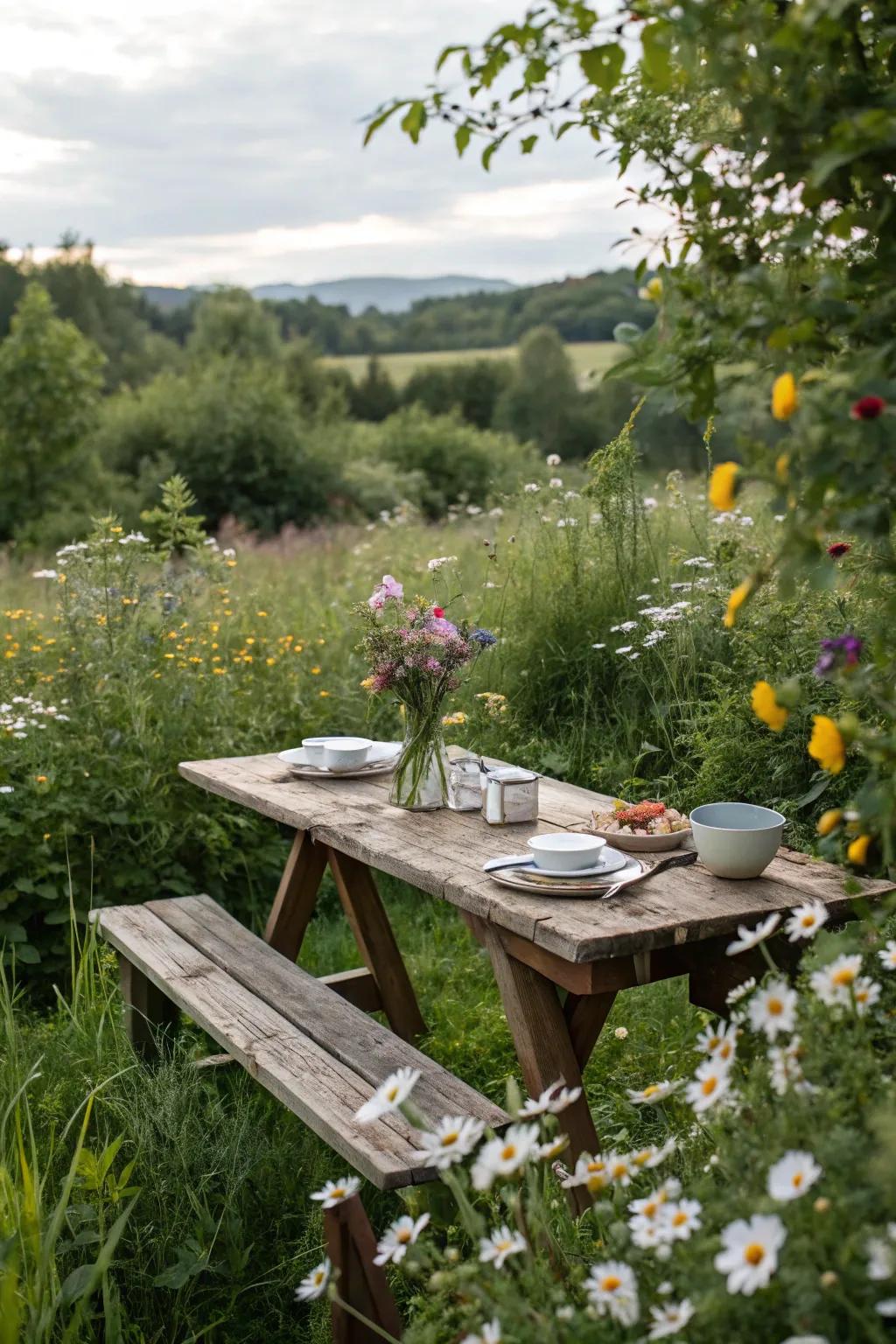 A rustic dining setup in the garden, creating a natural and inviting atmosphere.