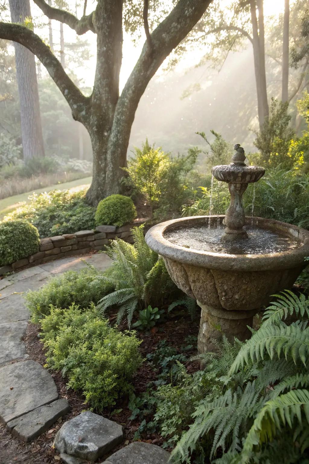 A natural stone fountain blends seamlessly with its surroundings.
