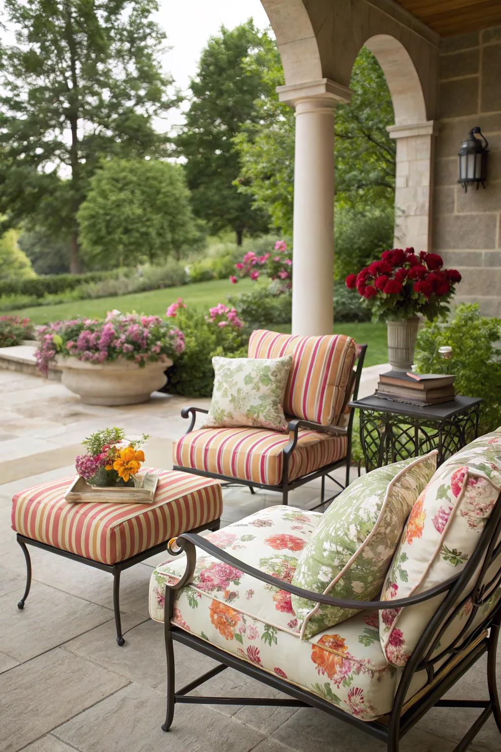 A lively mix of patterns can elevate your outdoor seating.