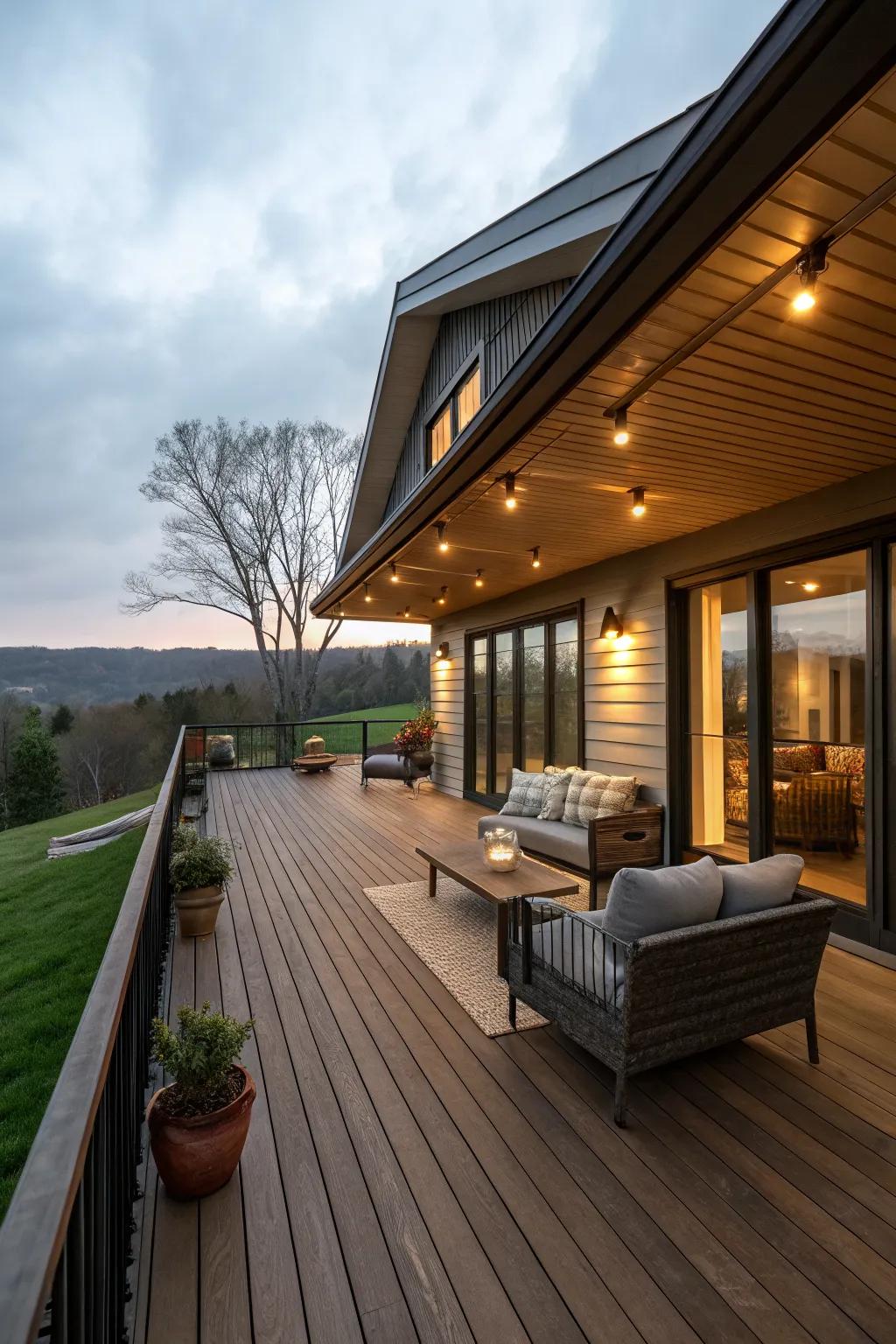 A seamless roofline extension over a cozy deck space.