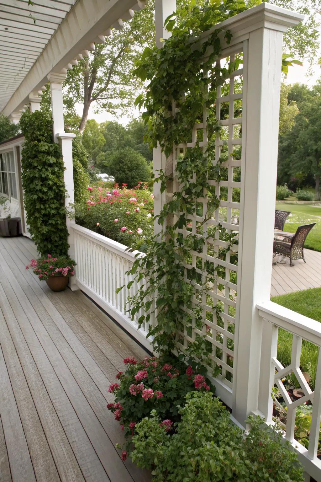 A lattice screen offers both privacy and a touch of elegance.