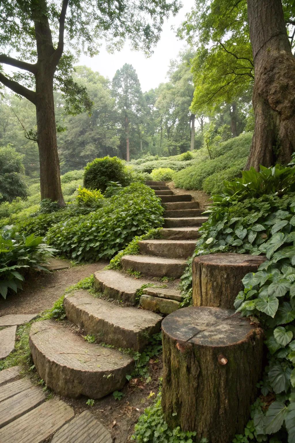 Tree trunk steps add a rustic touch to woodland paths.