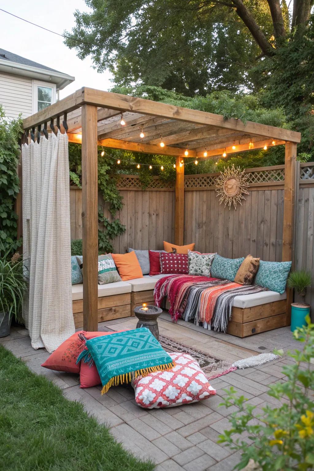 A cozy seating nook with vibrant textiles can transform your outdoor area into a welcoming retreat.