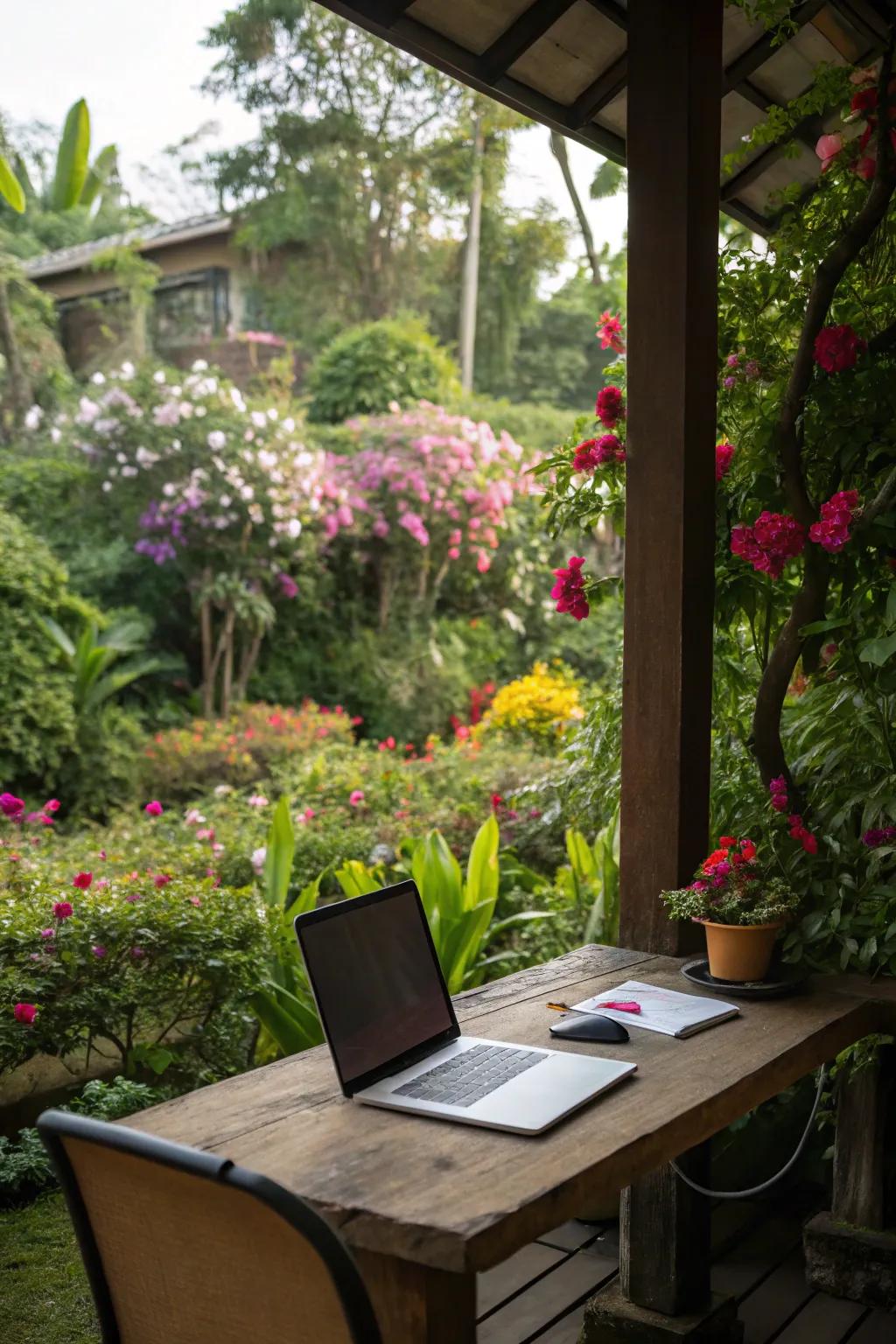 A garden desk setup that inspires creativity.