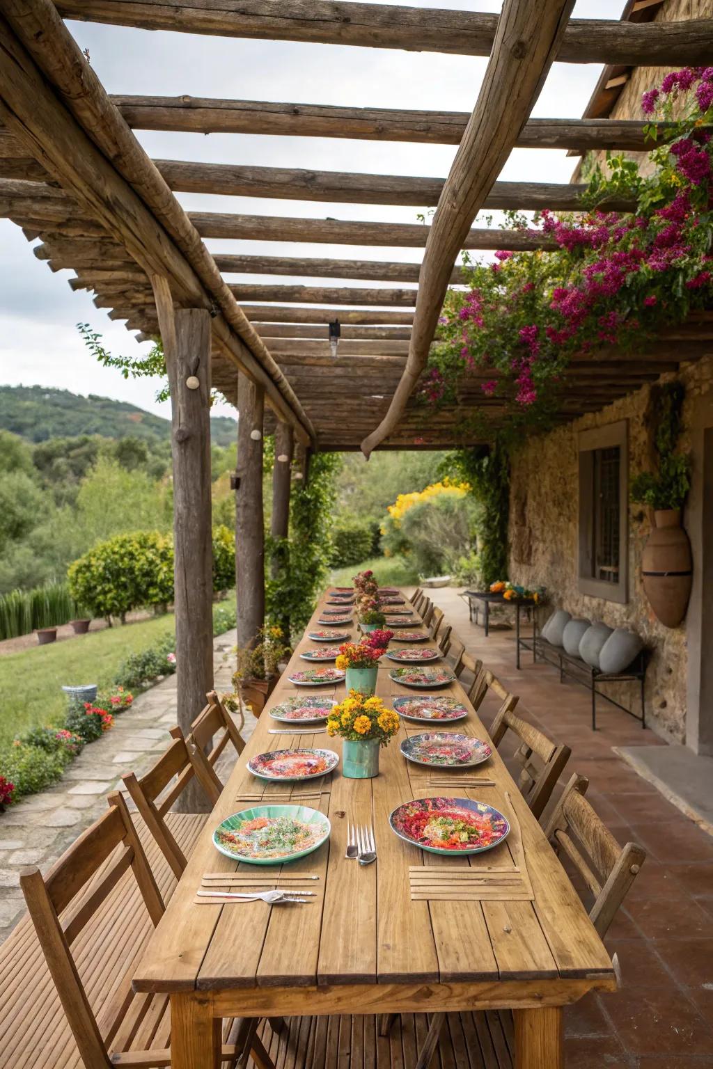A rustic wooden pergola perfect for hosting cozy dinner parties.