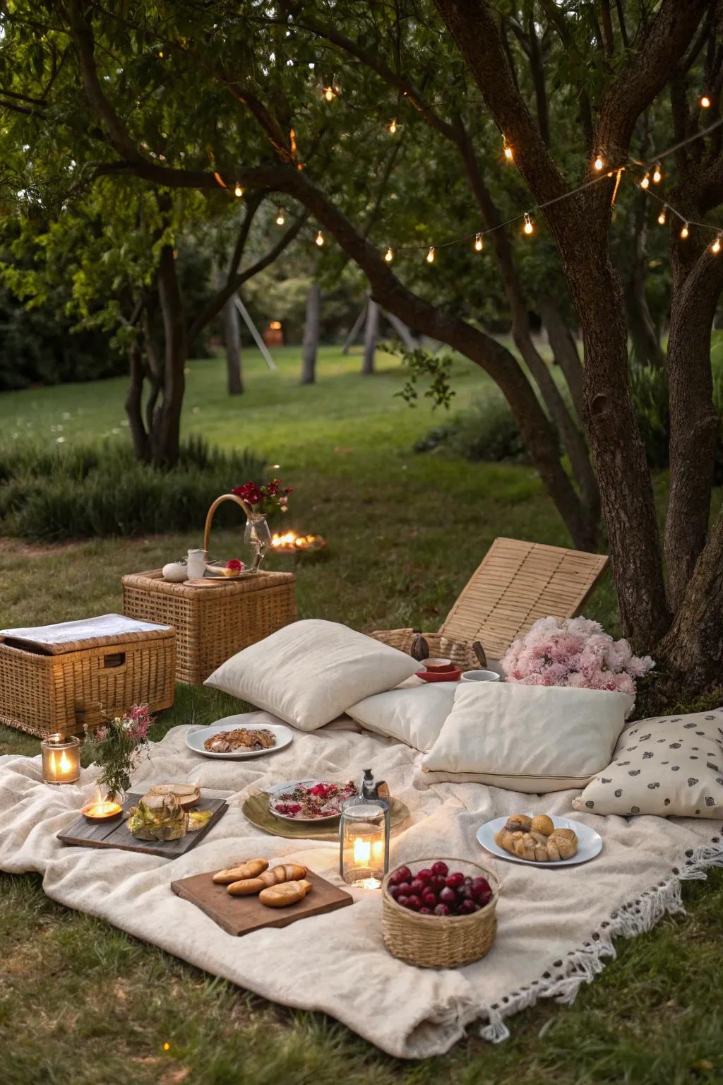 An inviting garden picnic under twinkling stars.