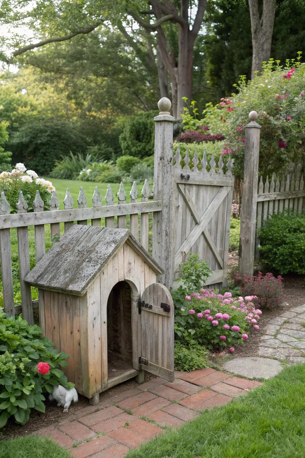 A classic wooden fence with a doggie window blends charm and security.