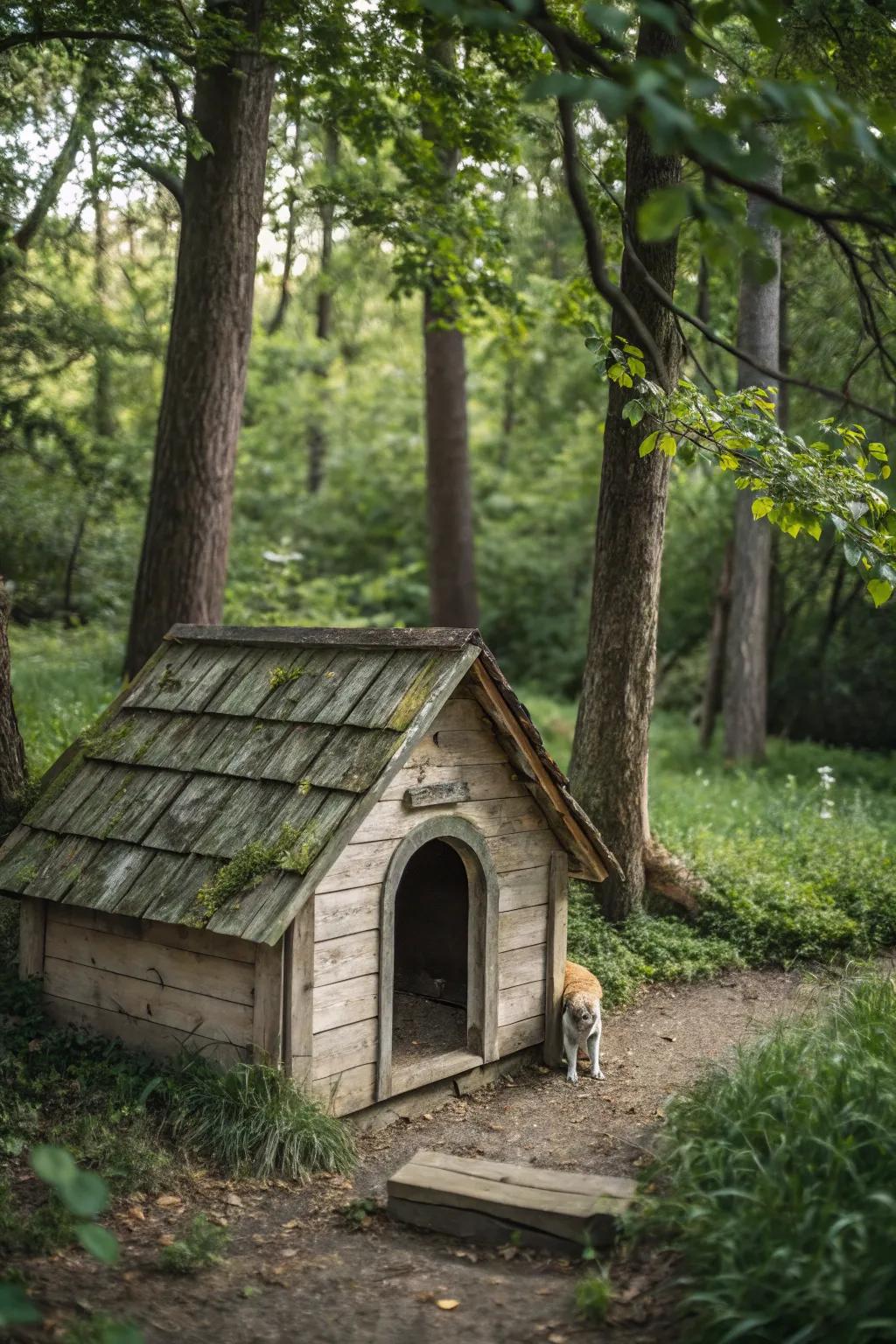 A rustic cabin-style dog house nestled in a wooded backyard.
