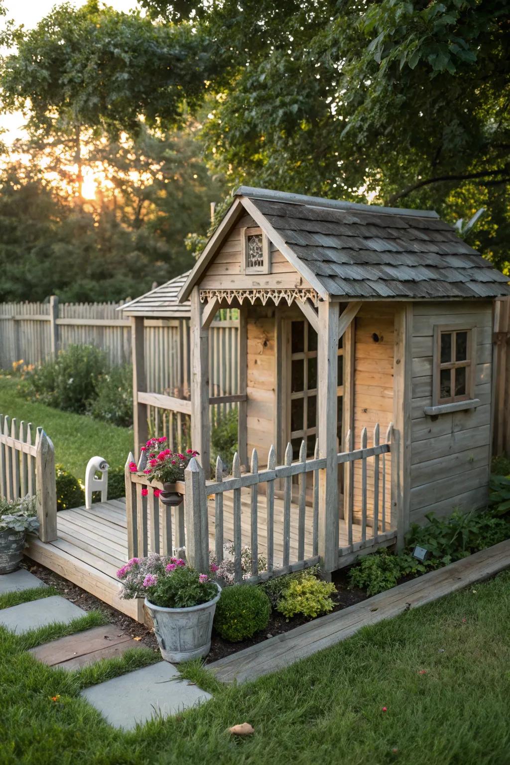 A charming cottage-style dog pen with a cozy house and fenced porch.
