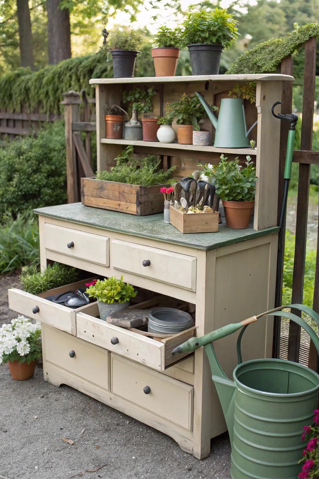 A repurposed dresser serving as a functional potting station in the garden.