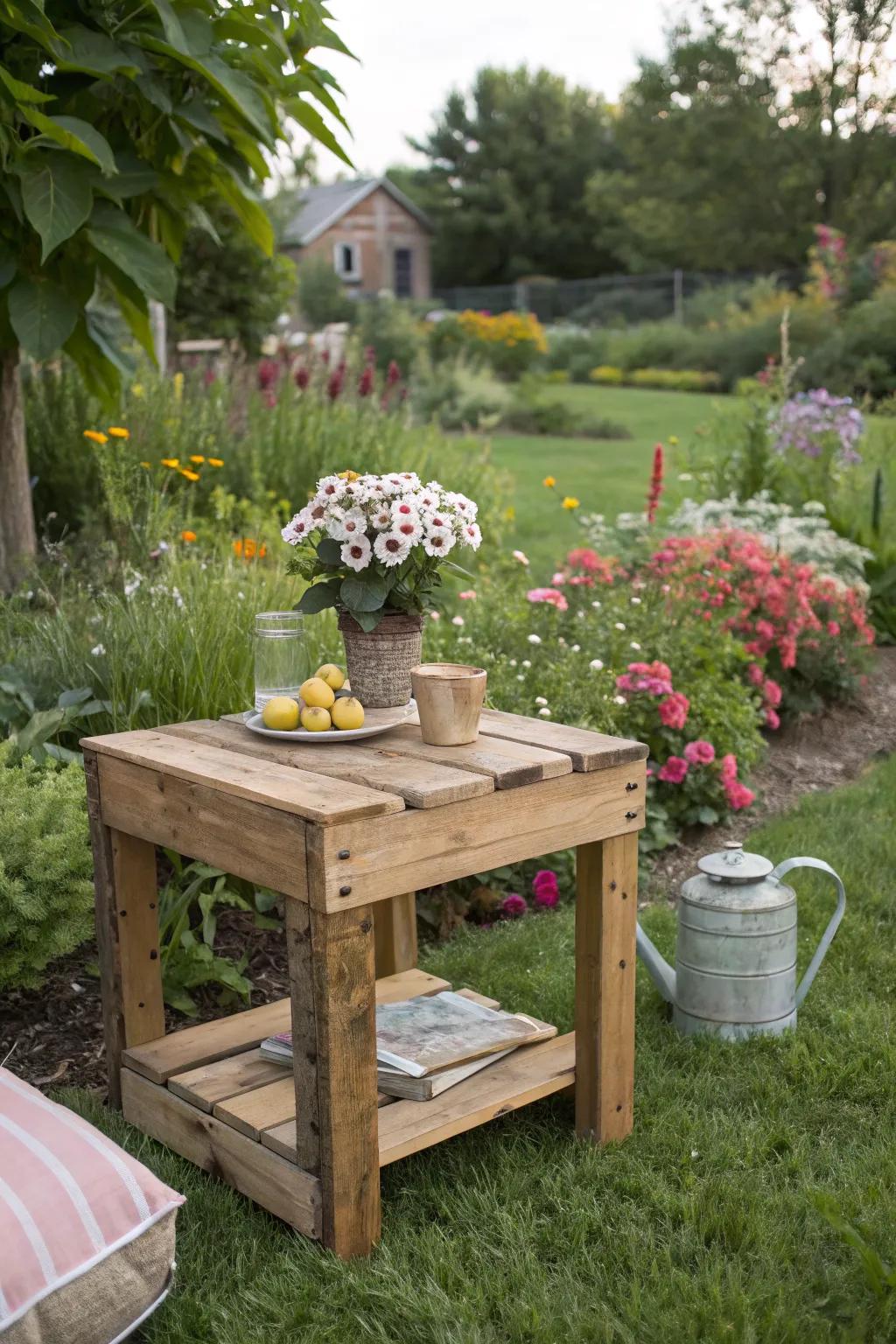 Reclaimed pallet wood makes for a charming and sustainable outdoor table.