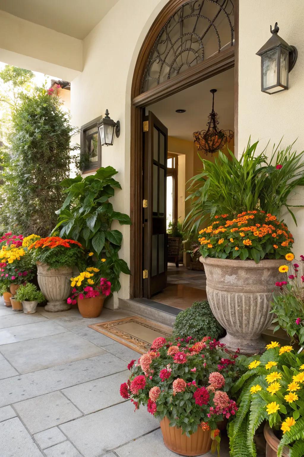 Lush potted plants add a burst of color and life to any entryway.