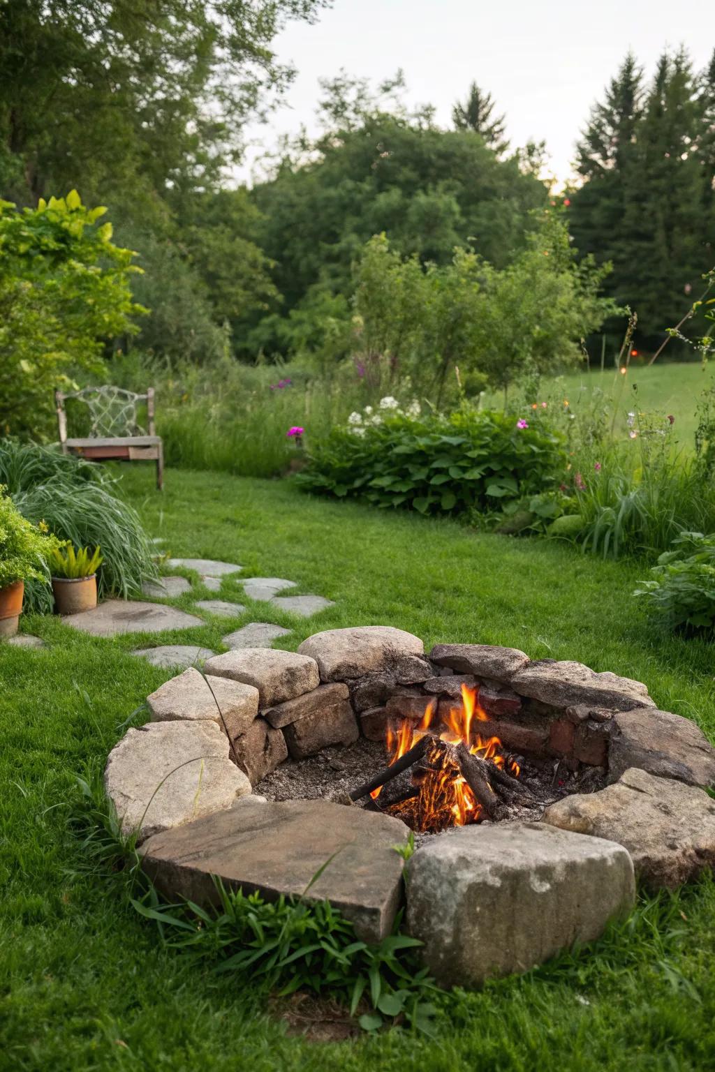 A classic stone circle fire pit brings rustic charm to any garden.