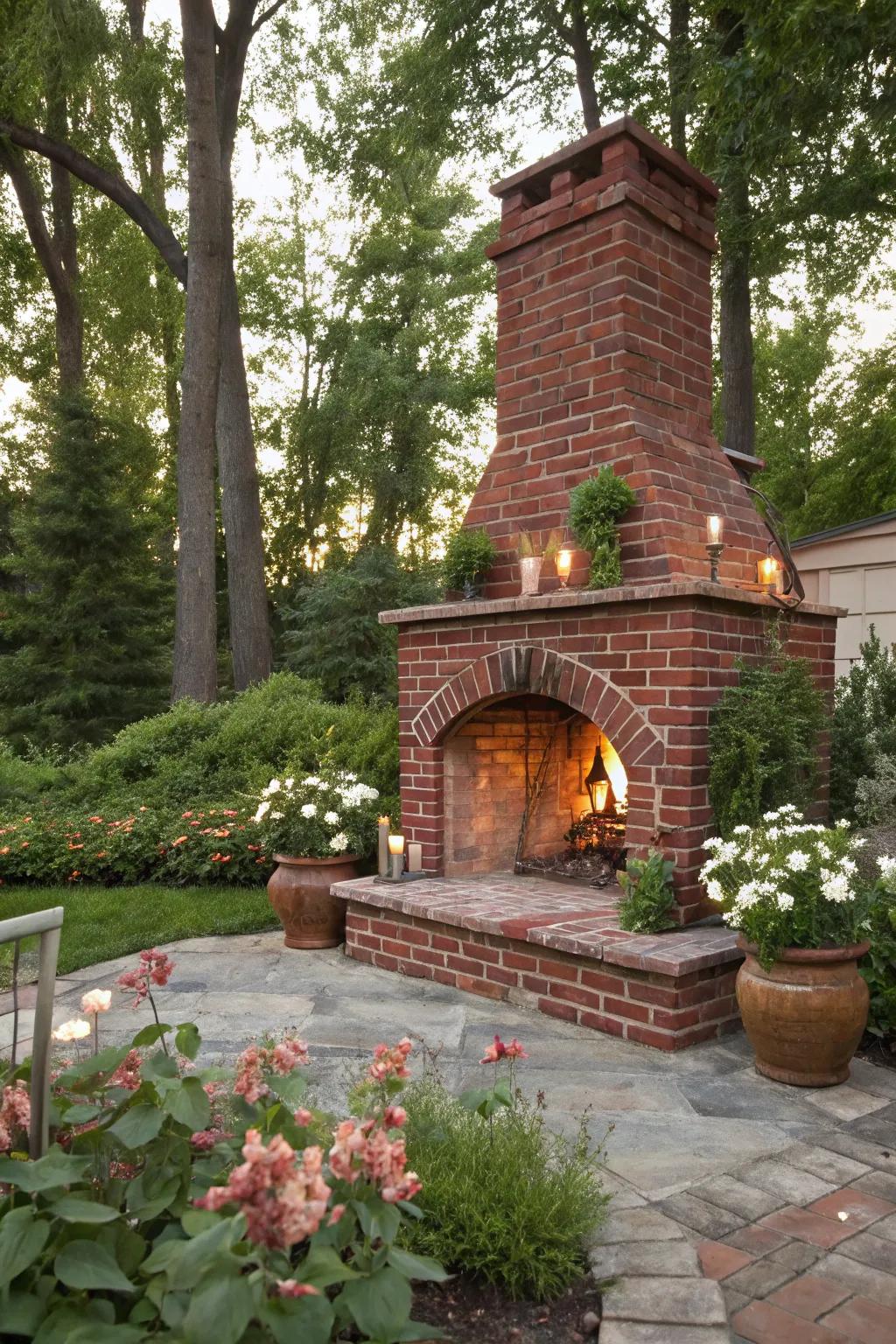 A classic brick fireplace provides timeless charm to any backyard.