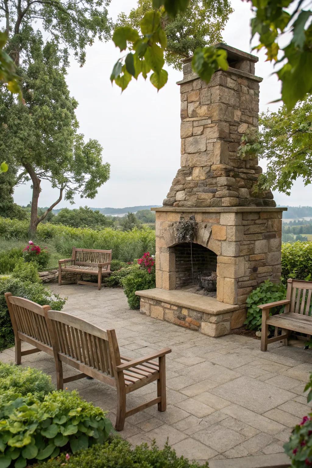A rustic outdoor stone fireplace complemented by wooden benches and lush greenery.