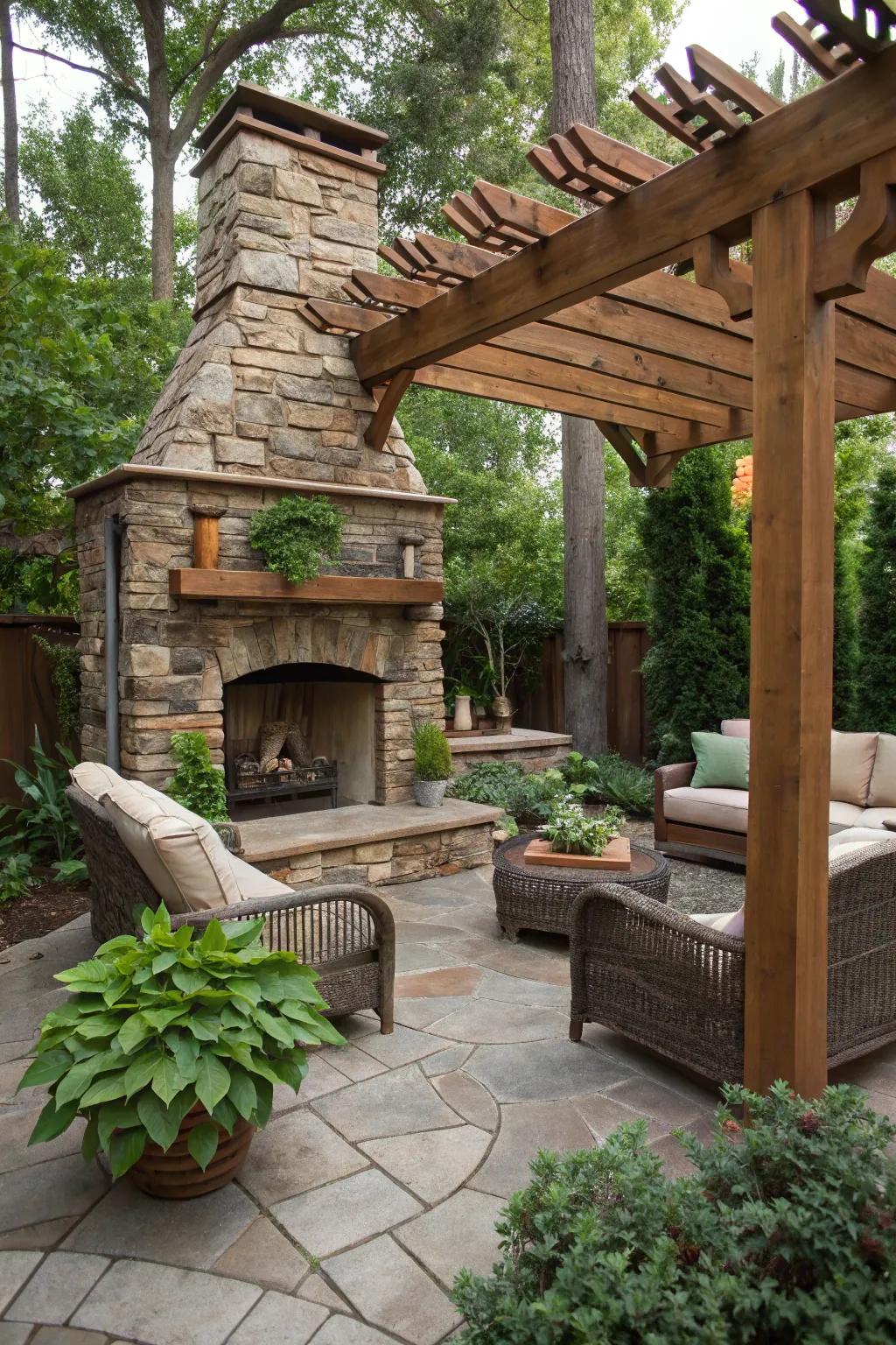 A rustic stone fireplace complements the wooden pergola in a natural setting.