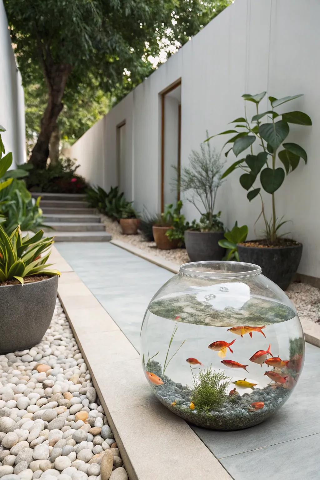 A modern glass tank adds elegance to any garden.