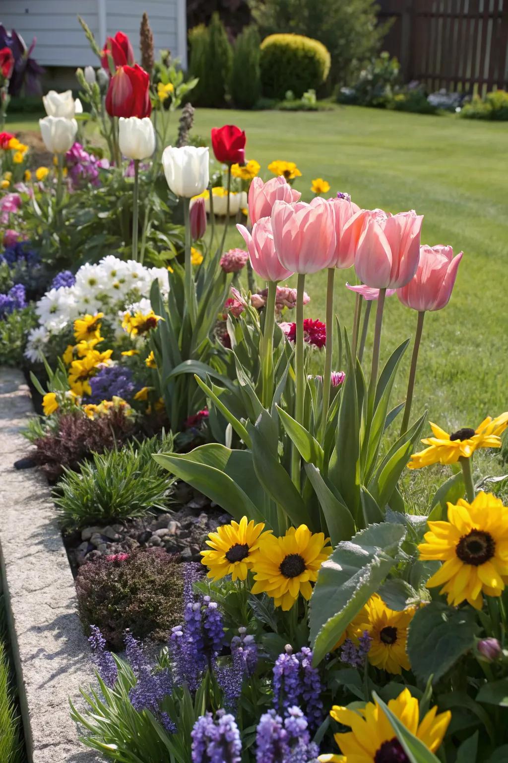 A vibrant mix of tulips and sunflowers creating a colorful floral carpet.