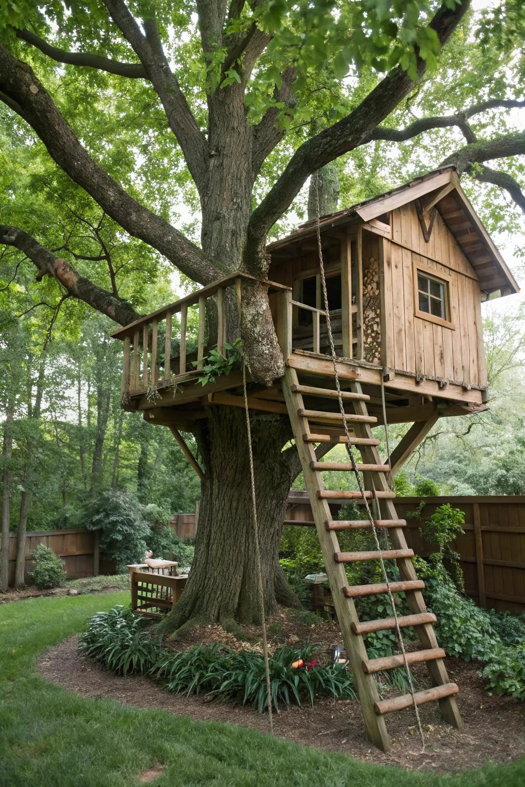 A charming treehouse nestled among the branches, offering adventure and solitude.