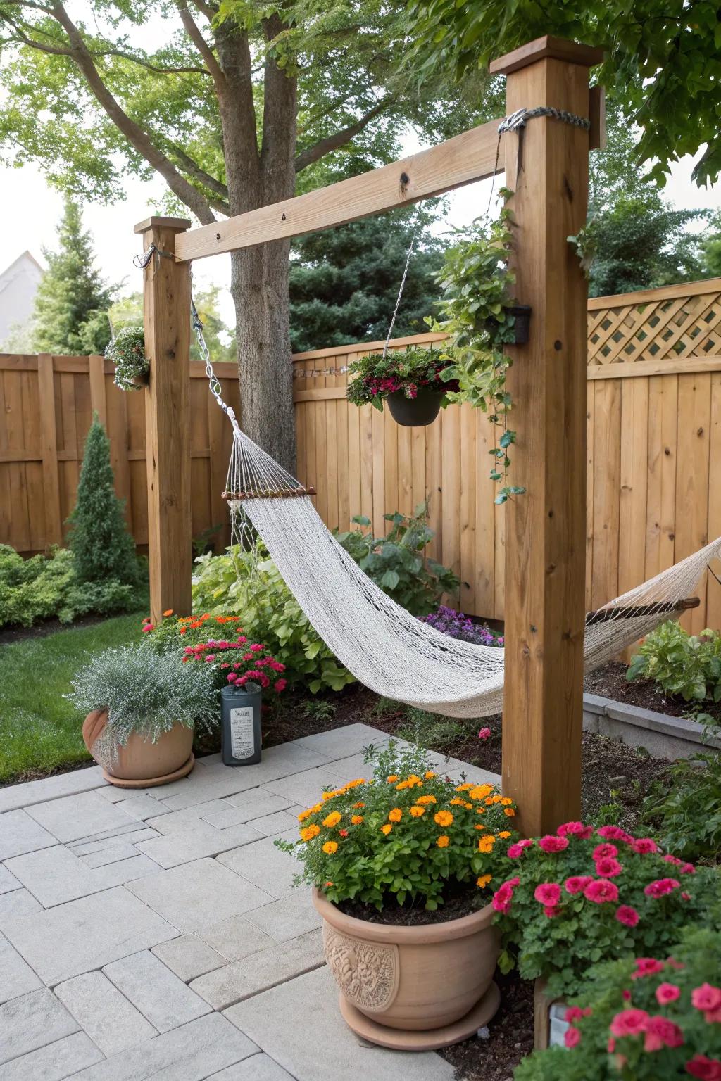 A peaceful hammock corner surrounded by greenery